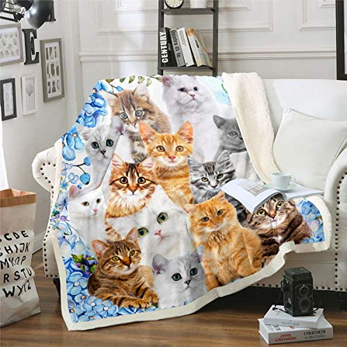 Katze Kuscheldecke 130x150cm Kinder Nettes Cartoon Kätzchen Wohndecke Wärme Lustige Katzen Tier Flanell Fleecedecke für Katzenliebhaber Haustier Vintage Dekor Decke für Schlafsofa Couch