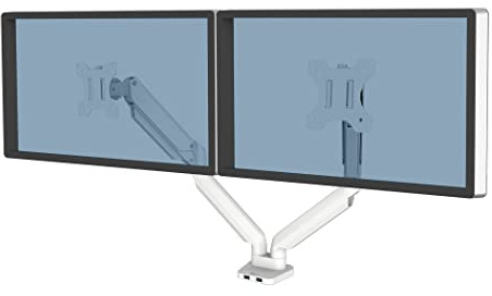 Fellowes Dual Monitor Arm - Platinum Series Mount for Two 8KG 32 inch Screens - Ergonomic Adjustable Arm Desk Mount - Tilt 45° Swivel 360° Rotation 360°, VESA 75 x 75/100 x 100 - White