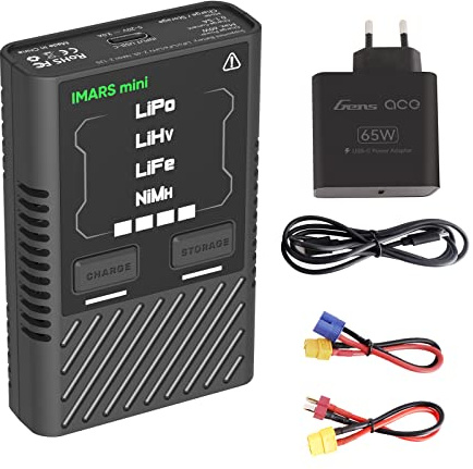 GensAce iMars Mini Chargeur Batterie RC 60W 5A USB-C pour Batteries LiPo 2-4S avec Adaptateur d'alimentation et Câble Adaptateur (EU)