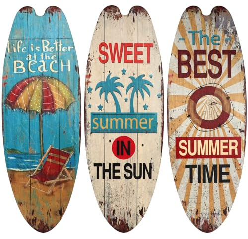 Warmhm Lot de 3 planches de surf en bois - Mini planche de surf - Décorations pour fêtes de - Planche de en bois - Plaque de plage en - Pendentif d'été - à la plage