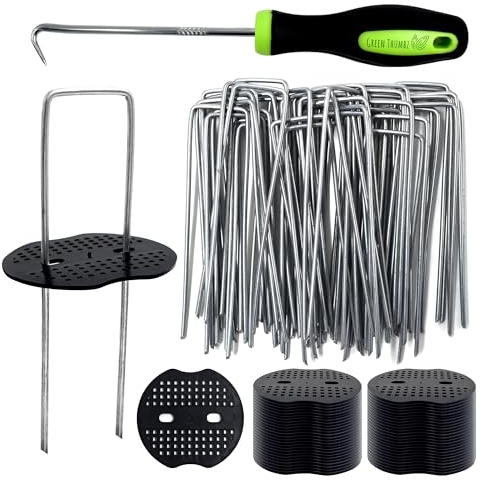 Weed Membrane Pegs - 50 Pack 6 Inch Galvanized Metal Pegs with Buffer Washer and Pick Hook for Membrane - Rustproof Garden Membrane Pegs for Garden Membrane, Netting and Tent