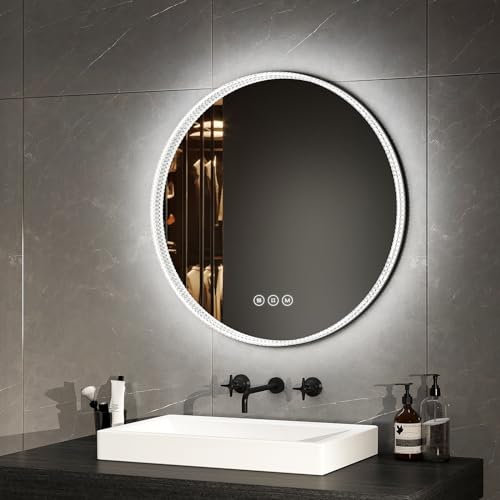 EMKE Bathroom Mirror with Led Lights, Acrylic Crystal Black Framed Illuminated Wall Mounted Vanity Mirror, Demister Bathroom Mirror with 3 Colors, Memory Dimmable, Round Smart Mirror 600x600mm