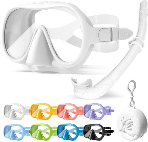 HINATAA Snorkel Set Adults, Fashionable Macaron Colors Frameless Snorkeling Mask, Ultra Wide View Anti-Fog Snorkel Mask Set, Portable Professional Diving Snorkeling Set (White)