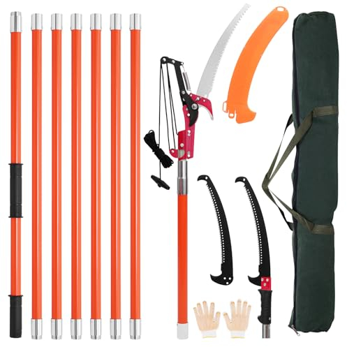 WZTO Scie d'élagage avec manche télescopique, hauteur réglable de 8 m, 2,24 m à 8,24 m, lame en acier au carbone avec sac de transport et 2 lames de scie jusqu'à 10 m de hauteur de travail manuelle