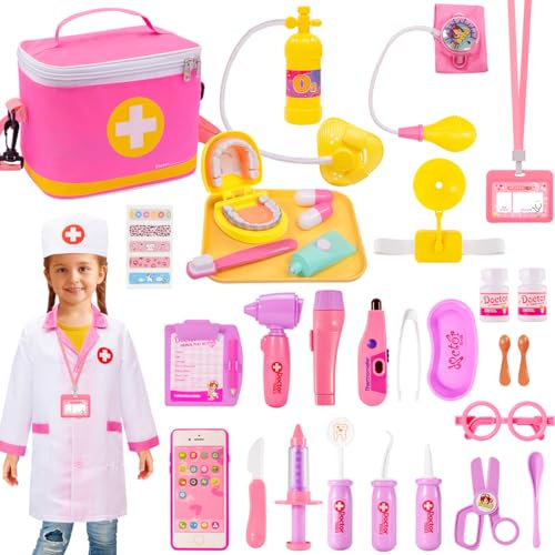MELAND Doctors Set for Kids, 32 PCS Dentist Toys for Kids with Oversized Teeth, Doctor Costume, Doctor Role Play Toys for 3 to 8 Year Old Boys Girls Gift(Pink)