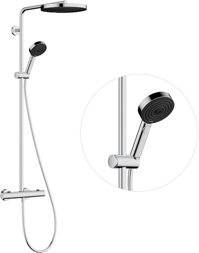 hansgrohe Pulsify S Puro - vattenbesparande Duschsystem (EcoSmart) med termostat, Regndusch (⌀ 260mm), Duschset med handdusch (3 stråltyper), duschslang, duschstång och rund huvuddusch, krom, 24237000