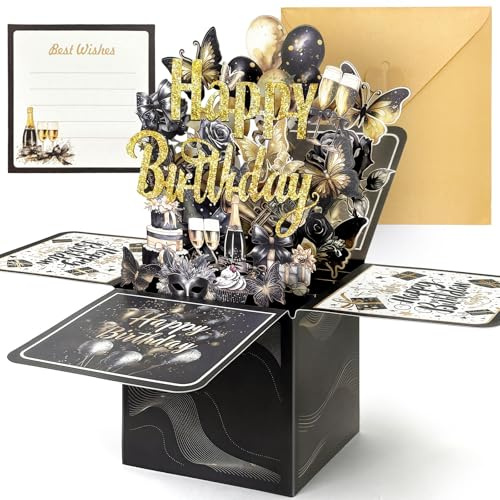 Hierein Pop Up Birthday Cards for Women, 3D Black Gold Happy Birthday Cards | Pop-up Gift Greeting Cards Box with Envelope, Personalised Greeting Cards for Women Men Mum Dad Grandma Grandpa