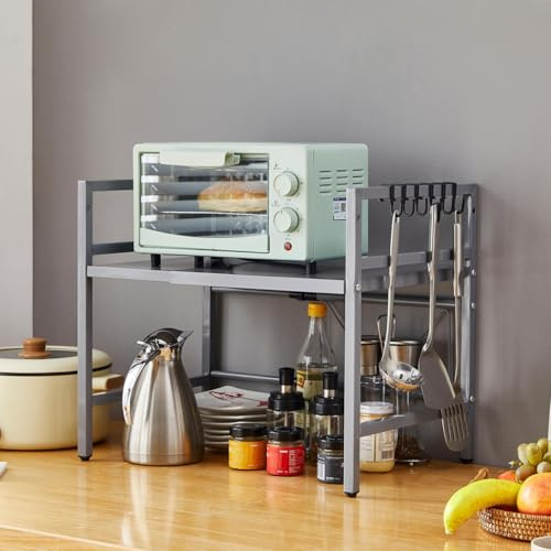 Expandable Microwave Oven Rack, Telescopic Kitchen Counter Storage Organizer with 6 Hooks, Free Standing Adjustable Spice Rack, Heavy Duty Microwave Stand Baker's Rack Pot & Pan Rack (2-Tier Grey)