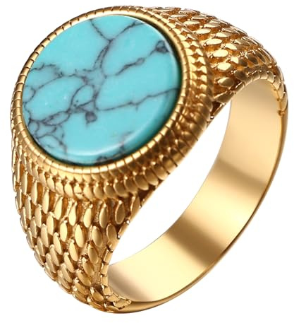 OIDEA Herrring med turkos sten: silver/guld/svart bandring i rostfritt stål vintage med rund turkos ädelsten sigillring smycken gåva för män storlek 54–70, Turkos