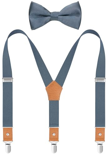 WAQXTV Boy's Suspenders and Bow Tie Set Elastic Y Back with Metal Clips 30 Inches Dusty Blue
