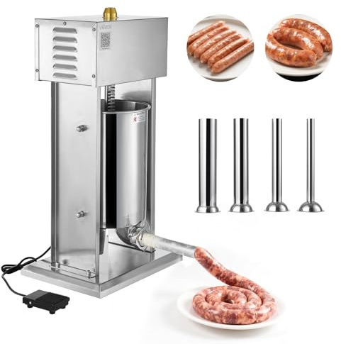 VEVOR Poussoir à Saucisses Électrique 12 L, Machine à Saucisses Verticale en Acier Inoxydable, Ensacheuse à Contrôle de Vitesse en Continu et Pédale, avec 4 Tubes de Remplissage, pour Cuisine