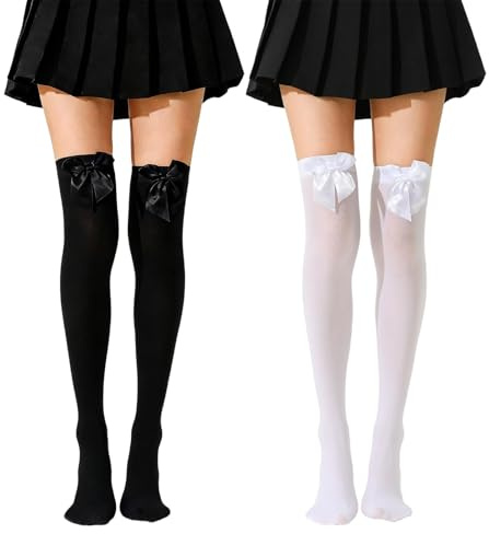 BDGYCK 2 Pairs Knee High Socks, Black and White Thigh High Stockings with Bows, Opaque Bow Stockings for Women Halloween Party Costumes Valentine's Day