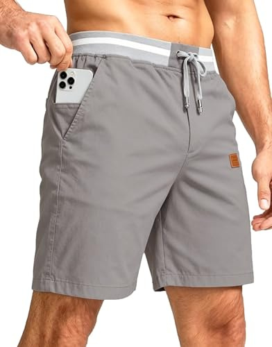 PrimeCrest Pantalones Cortos Hombre Algodon Bermudas Verano con Bolsillos Chino Casual Ligero con Cordones Elásticas Ajustable Cintura Deporte Gym Holgados Shorts Gris M
