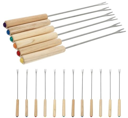 GARVALON Set 18 Forchette per Fonduta in Acciaio Inossidabile con Manico in Legno, Forchettine per Formaggio e Cioccolato, Accessori per Fonduta da Picnic, Barbecue e Eventi Familiari