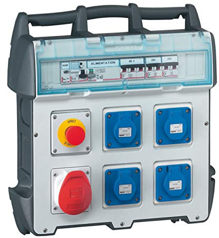 Legrand 058954 P17 IP44 IK09 Coffret de Chantier, 40A, 400V avec 4 Prises Brochage Domestique, 1 Prise, 32A, 3P+N+T et Protections