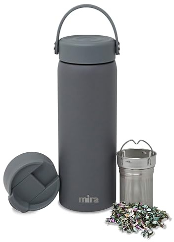 MIRA 18 oz Tea Infuser Thermo - Stainless Steel Travel Bottle with Removable Strainer for Loose Leaf Tea - Insulated Hot & Cold Brew Steeper - Smoke Gray