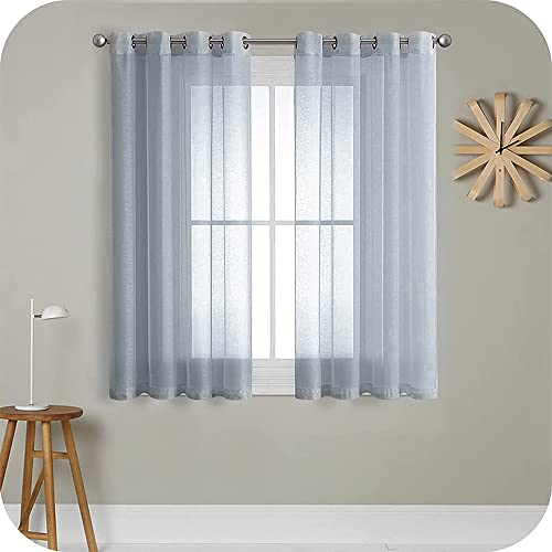 MRTREES Voile Gardinen Vorhang halbtransparent kurz mit Ösen in Leinenoptik Stores Gardinen Schals für Wohnzimmer Schlafzimmer Kinderzimmer Grau 140×122cm (BxH) 2er Set