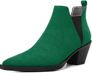 Mettesally Bottines à talon moyen pour femmes, bottes à talon pointu, bottes à talon bloc, bottes élastiques, chaussures de travail en daim, Vert EU41