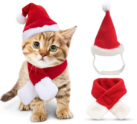 NANSAM Bonnets et écharpes de Noël réglables pour Chaton et Chiot Rouge