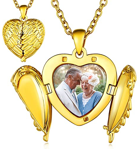 Custom4U Corazón Colgante Mujer Alas de Angel Collar Personalizado Fotografía Memorable Joyería Romántica Pareja Cadena Delgada Oro 18K