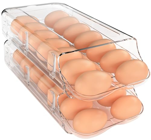 theaoo Soporte para huevos para nevera, contenedor de huevos rodante automático para refrigerador, dispensador de huevos de plástico transparente, organizador de huevos apilable con bandeja interior