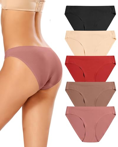 VOENXE Bragas Sin Costuras Mujer Pack,Braguitas Bikini Underwear Invisible | Mujeres Slip con Ropa Interior,Braga Brasileñas,Seamless Women Panties,Licra Talle Bajo Waist MúLtiples,Microfibra,5 Pack