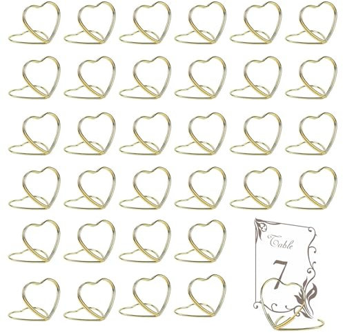 32Pcs Metal Double Heart Steel Photo Holders Golden Picture Stand Name Clips Picture Photo Display Heart Place Card Holders for Wedding Reception Party Office