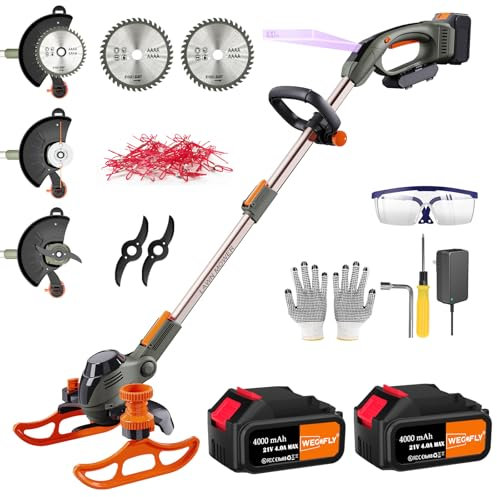 WeGofly Desbrozadora inalámbrica (2 baterías de 21 V 4,0 A y cargador rápido), 4 en 1, cortadora de bordes de rueda, minicortadora de césped, con 2 hojas de sierra, 2 cuchillas de metal, 20 hilos para