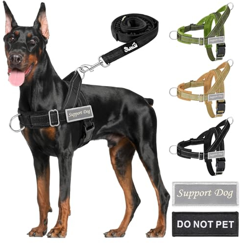 SlowTon Set di guinzaglio e imbracatura per cani di taglia medio, collo e torace regolabili, guinzaglio per cani da 5,9 piedi, morbida imbracatura militare tattica imbottita e riflettente per cani