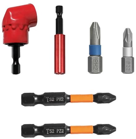 Wjelet 105°Right Angle Drill Bit Set with 1/4'' Hex Shank Right Angle Drill Attachment with 2 Pcs PZ2 and 2 Pcs PH2 Screwdriver Bits and Bit Holder for Screwing and Drilling