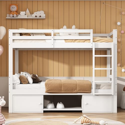 REXO Letto a castello per bambini 90 x 200 cm, con scarpiera e armadietti, letto diviso in 2 letti singoli, letto singolo, letto per ragazzi (Bianco/con scarpiera)