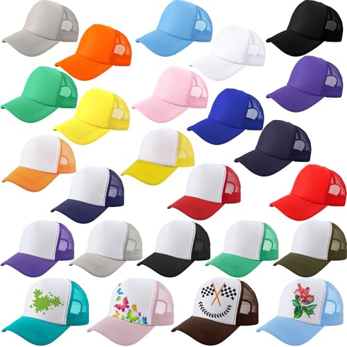 SGBETTER Paquete de 25 gorras de camionero para adultos, ajustables, sublimación, gorra de béisbol en blanco para verano al aire libre, Juego de colores 1, Talla única