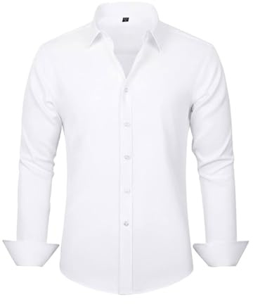 LTHTX Chemise sans Repassage Homme, Chemise Infroissable Homme Manches Longues Boutonnées pour Mariage, Coupe d'affaires, Travail (Blanc,Grand)