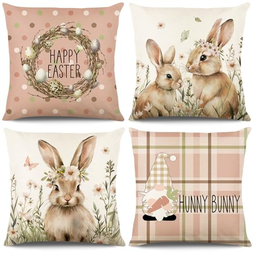 Hianjoo Easter Cushion Cover, 4PCS Linen Easter Pillowcase Happy Easter Bunny Gnome Throw Pillow Cases for Easter Decoration 45 * 45cm (Pink)