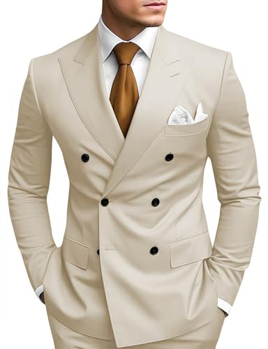 HANBANGWEI 2 Piece Double Breasted Suit Men Slim Fit Mens Double Breasted Blazer Pants Sets Wedding Prom Homecoming Suit, Dark Beige, L