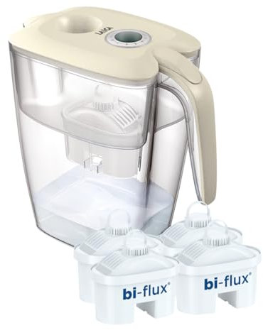 LAICA Big Roma Water Filter Jug & 4 bi-flux Water Filter Cartridges Large 3.7L - Manual Timer, Easy Fill Design, BPA Free, Dishwasher Safe - Preserves Minerals, Removes Impurities - Made in Italy
