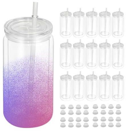 AZEAM 16 PCS Plastic Snow Globe Tumbler,16 oz Double Wall Tumbler with Pre Drilled Hole,Bulk Snow Globe Cups with Clear Lip and Straw,DIY Glitter Snowglobe(No gold powder)