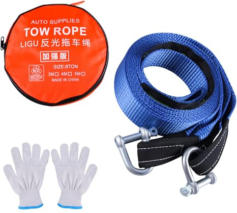 GIVIHGETI Sangle de remorquage d'urgence pour voiture - 5 m x 5 cm - Résistance à la rupture - 8 tonnes - Avec 2 mousquetons, gants et sac de rangement - Pour récupération hors route et remorquage