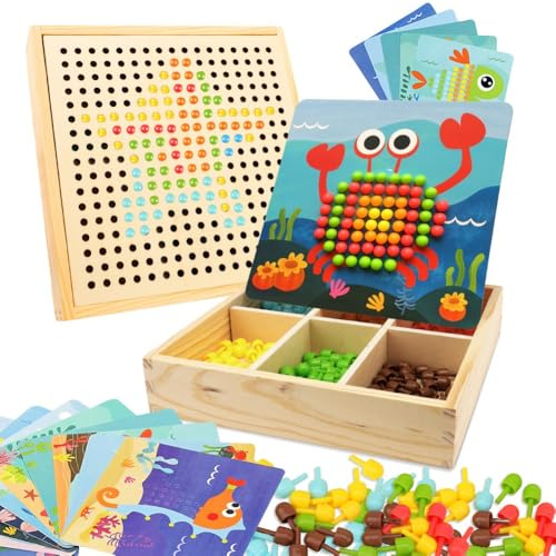 RANJIMA Juego de mosaico de encaje para niños, juguetes a partir de 2 3 4 5 años, mosaico de madera, kit de manualidades para niños, tablero de clavijas con perlas de encaje, regalos 3D para niños y
