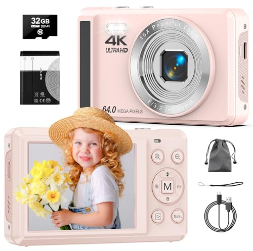 Digital Camera 4K 64MP with Auto Focus Portable Compact Camera with Micro SD Card, 1200mAh Battery and USB Cable Ideal for Children, Teenagers and Beginners