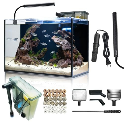Set da scrivania per acquario, 40 l, in vetro ultra trasparente con filtro autopulente, luce chiara, riscaldamento, pietre, ghiaia, strumento di pulizia, vetro senza bordi per principianti