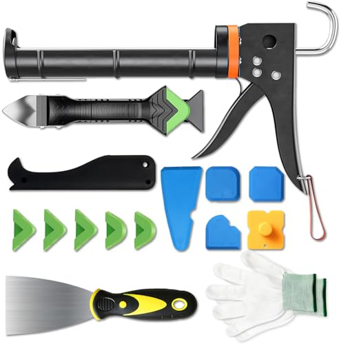 YTACREA Set di Pressa per Cartucce in Silicone di 15 Pezzi, Pistola Silicone Professionale, Strumento per la Rimozione di Sigillante, Raschietto, Guanti per Bagno, Cucina, Pavimento, Fughe per Lavello