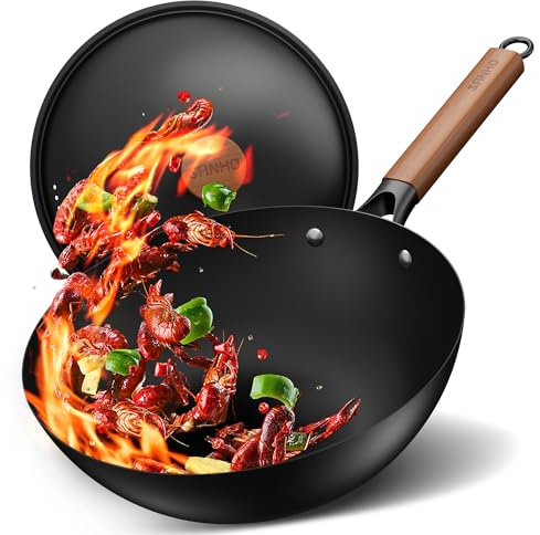 Sanho 12/30cm Carbon Steel Wok Pan, 4QT Nonstick Wok with Lid, No Seasoning Required & 0 Coating, Compatible with All Cooktops & Utensils for Healthy Stir Frying, Frying, Boiling, Steaming
