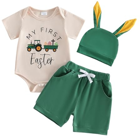 JLKGICF Newborn Easter Outfit Boy Letter Carrot Buuny/Tractor Egg Print Romper Jumpsuit Bodysuit Drawstring Shorts and Hat (Green, 6-12 Months)