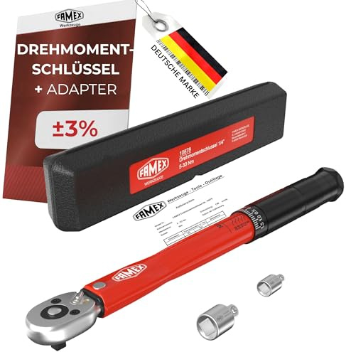 FAMEX 10878-2A Drehmomentschlüssel 1/4 Zoll (6,3mm)-Antrieb 5-30 Nm - für Messung in beiden Drehrichtungen - Fahrrad E-Bike Auto Feinmechanik, geprüft, klein + Adapter