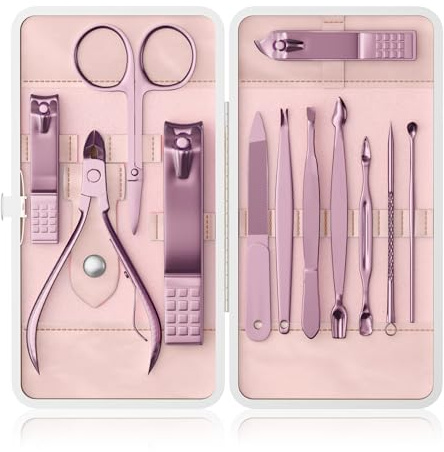 ZIZZON Professional Nail Care Kit, 12-Piece Manicure & Pedicure Grooming Set with Travel Case, Stainless Steel Nail Clippers, Cuticle Trimmer & Beauty Tools, Portable Gift Set(Pink)