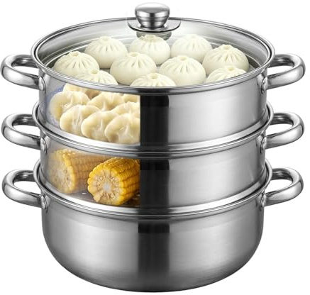 Vaporera de 28 cm de acero inoxidable, 3 y 4 niveles, olla con tapa de cristal, olla a presión apilable para verduras, pescado, pasta y sopas, para inducción y gas (3 niveles)