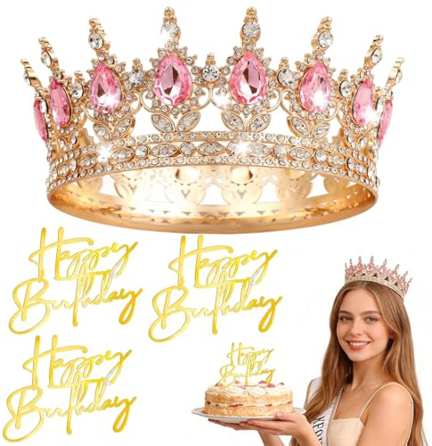 Corona Regina, Topper per Torta con Corona con 3 Decorazioni per Torta di Happy Birthday, Topper per Torta a Forma di Coron-a, Coron-a di Principessa per Compleanno, Matrimonio, Fidanzamento