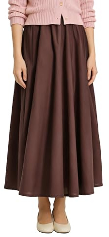Soojun Women's Solid Cotton Linen Retro Vintage A-line Long Flowy Skirts, Brown, L Petite
