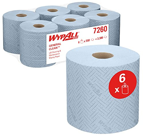 WypAll L20 General Clean 7260 Centrefeed Paper Wipers, 2-Ply Blue Embossed Rolls, Single Sheet Dispensing, 6 Rolls x 550 Sheets (3,300 Total)